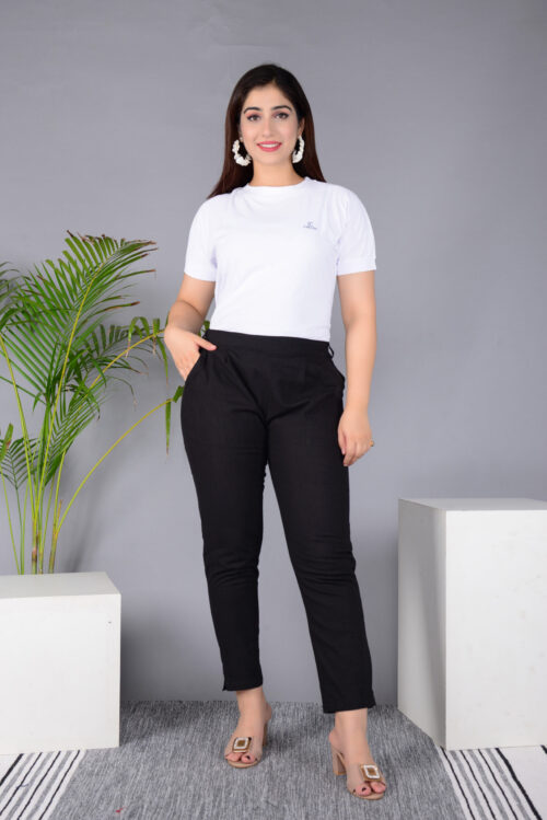 Ausuda Women Solid Cotton Straight Pants | Comfortable Elastic Waist Casual Daily Wear Trousers (Black)