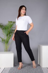 Ausuda Women Solid Cotton Straight Pants | Comfortable Elastic Waist Casual Daily Wear Trousers (Black)