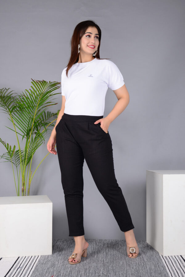 MKAF_901 BLACK PENT-C Ausuda Women Solid Cotton Straight Pants | Comfortable Elastic Waist Casual Daily Wear Trousers (Black)