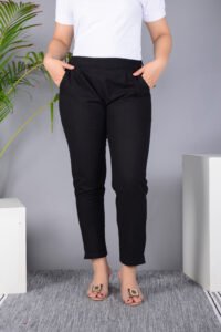 Ausuda Women Solid Cotton Straight Pants | Comfortable Elastic Waist Casual Daily Wear Trousers (Black)