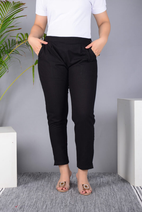 MKAF_901 BLACK PENT-F Ausuda Women Solid Cotton Straight Pants | Comfortable Elastic Waist Casual Daily Wear Trousers (Black)