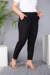 Ausuda Women Solid Cotton Straight Pants | Comfortable Elastic Waist Casual Daily Wear Trousers (Black)