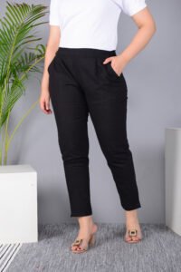 Ausuda Women Solid Cotton Straight Pants | Comfortable Elastic Waist Casual Daily Wear Trousers (Black)