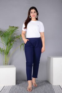MKAF_901 BLUE PENT-A Ausuda Women Solid Cotton Straight Pants | Comfortable Elastic Waist Casual Daily Wear Trousers (Blue)