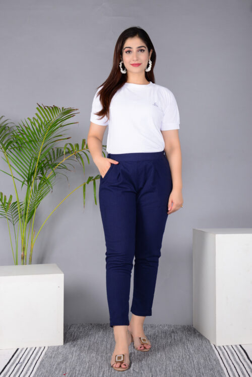 MKAF_901 BLUE PENT-A Ausuda Women Solid Cotton Straight Pants | Comfortable Elastic Waist Casual Daily Wear Trousers (Blue)