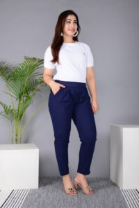 MKAF_901 BLUE PENT-C Ausuda Women Solid Cotton Straight Pants | Comfortable Elastic Waist Casual Daily Wear Trousers (Blue)