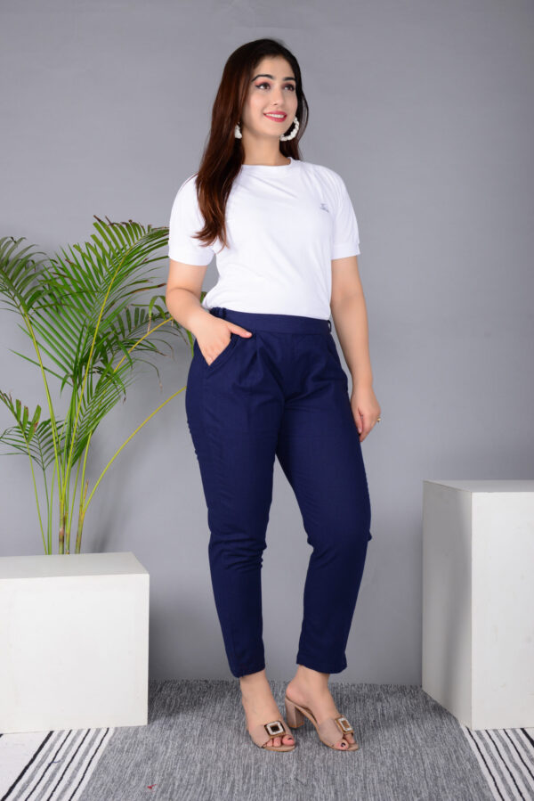 Ausuda Women Solid Cotton Straight Pants | Comfortable Elastic Waist Casual Daily Wear Trousers (Blue)