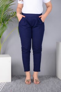 MKAF_901 BLUE PENT-F Ausuda Women Solid Cotton Straight Pants | Comfortable Elastic Waist Casual Daily Wear Trousers (Blue)