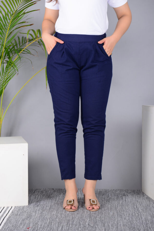Ausuda Women Solid Cotton Straight Pants | Comfortable Elastic Waist Casual Daily Wear Trousers (Blue)