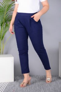 MKAF_901 BLUE PENT-G Ausuda Women Solid Cotton Straight Pants | Comfortable Elastic Waist Casual Daily Wear Trousers (Blue)