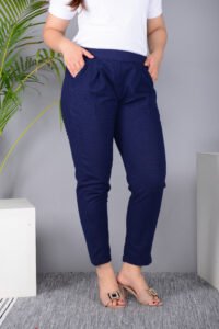MKAF_901 BLUE PENT-H Ausuda Women Solid Cotton Straight Pants | Comfortable Elastic Waist Casual Daily Wear Trousers (Blue)