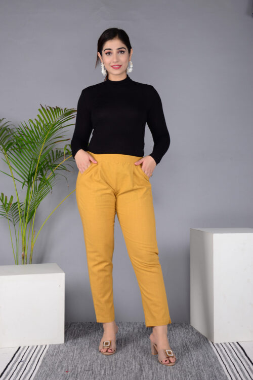 MKAF_901 GOLDAN PENT-A Ausuda Women Solid Cotton Straight Pants | Comfortable Elastic Waist Casual Daily Wear Trousers (Mustard)