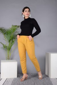 Ausuda Women Solid Cotton Straight Pants | Comfortable Elastic Waist Casual Daily Wear Trousers (Mustard)