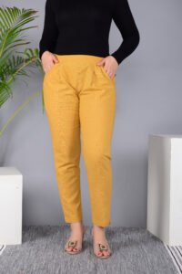 Ausuda Women Solid Cotton Straight Pants | Comfortable Elastic Waist Casual Daily Wear Trousers (Mustard)