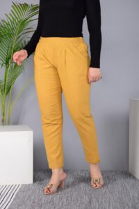 Ausuda Women Solid Cotton Straight Pants | Comfortable Elastic Waist Casual Daily Wear Trousers (Mustard)