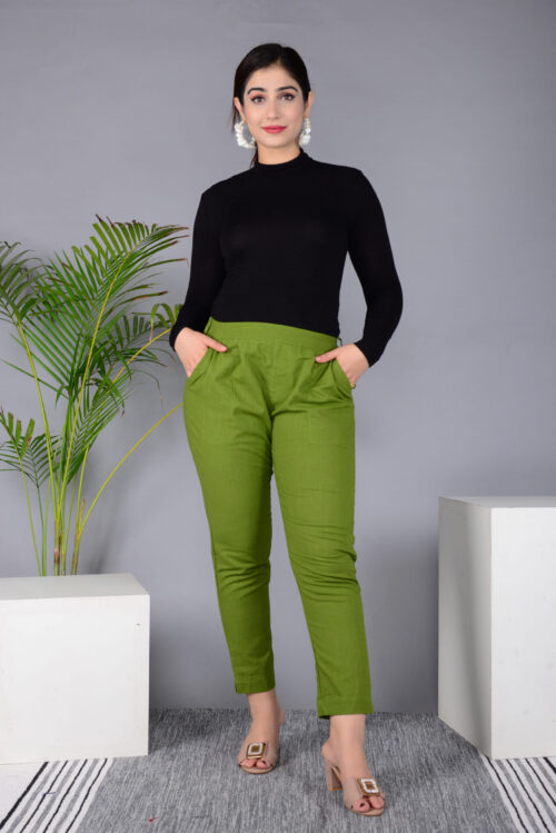 MKAF_901 GREEN PENT-A Ausuda Women Solid Cotton Straight Pants | Comfortable Elastic Waist Casual Daily Wear Trousers (Green)
