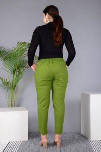 MKAF_901 GREEN PENT-B Ausuda Women Solid Cotton Straight Pants | Comfortable Elastic Waist Casual Daily Wear Trousers (Green)