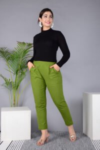 MKAF_901 GREEN PENT-C Ausuda Women Solid Cotton Straight Pants | Comfortable Elastic Waist Casual Daily Wear Trousers (Green)