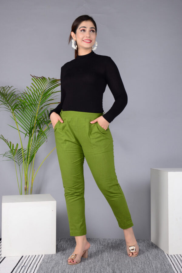 Ausuda Women Solid Cotton Straight Pants | Comfortable Elastic Waist Casual Daily Wear Trousers (Green)