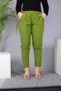 MKAF_901 GREEN PENT-F Ausuda Women Solid Cotton Straight Pants | Comfortable Elastic Waist Casual Daily Wear Trousers (Green)