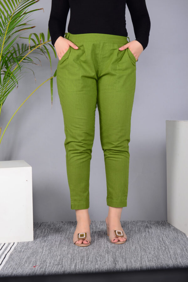 Ausuda Women Solid Cotton Straight Pants | Comfortable Elastic Waist Casual Daily Wear Trousers (Green)