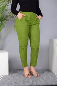 MKAF_901 GREEN PENT-G Ausuda Women Solid Cotton Straight Pants | Comfortable Elastic Waist Casual Daily Wear Trousers (Green)