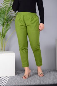 MKAF_901 GREEN PENT-H Ausuda Women Solid Cotton Straight Pants | Comfortable Elastic Waist Casual Daily Wear Trousers (Green)