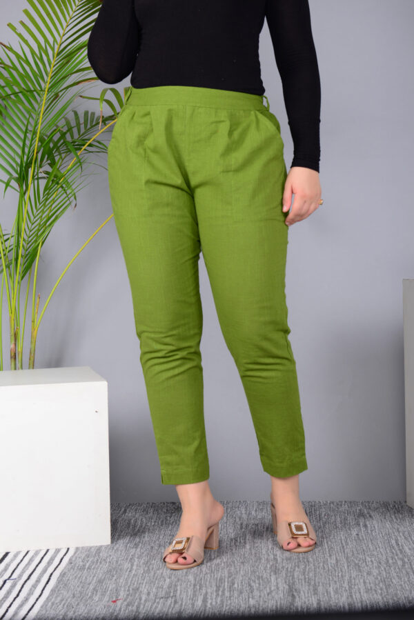 Ausuda Women Solid Cotton Straight Pants | Comfortable Elastic Waist Casual Daily Wear Trousers (Green)