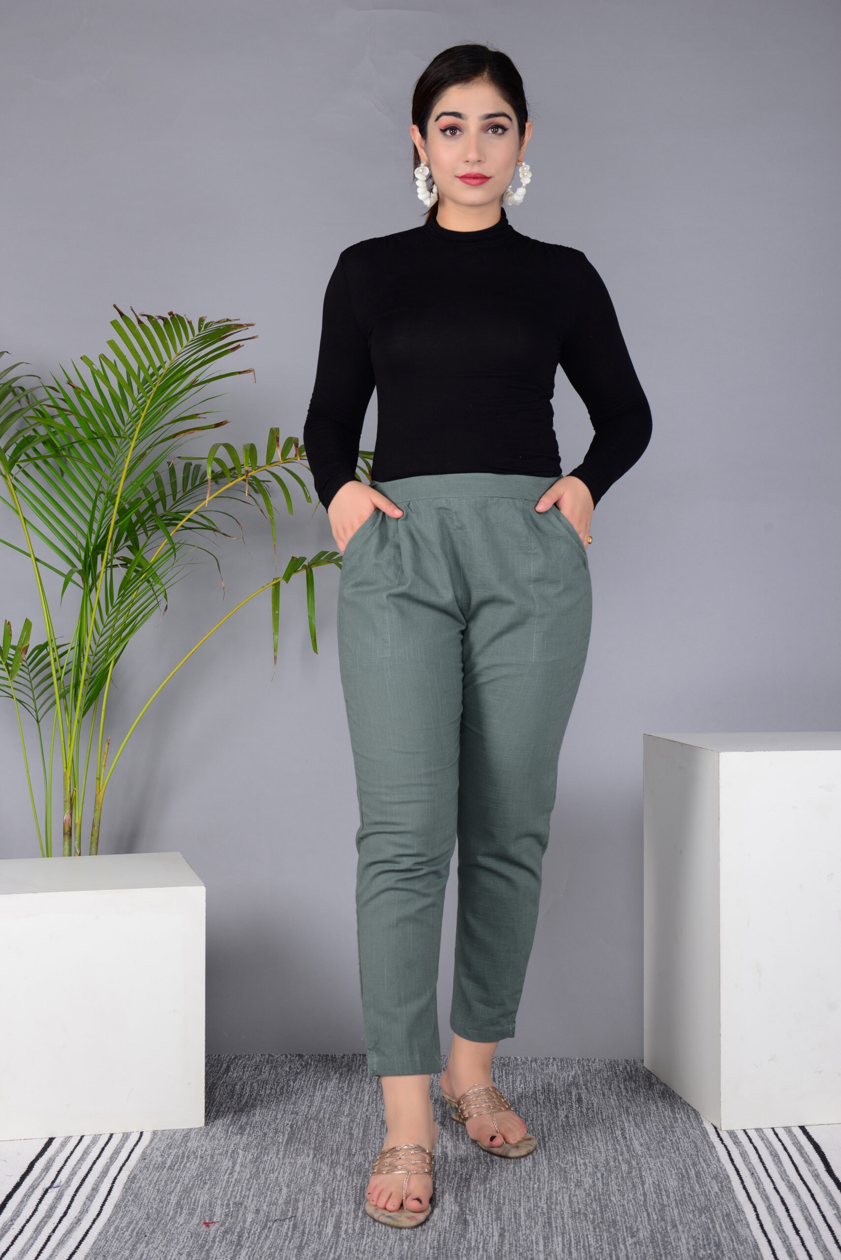 Ausuda Women Solid Cotton Straight Pants | Comfortable Elastic Waist Casual Daily Wear Trousers (Grey)
