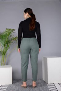 MKAF_901 GREY PENT-B Ausuda Women Solid Cotton Straight Pants | Comfortable Elastic Waist Casual Daily Wear Trousers (Grey)