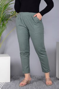 MKAF_901 GREY PENT-G Ausuda Women Solid Cotton Straight Pants | Comfortable Elastic Waist Casual Daily Wear Trousers (Grey)