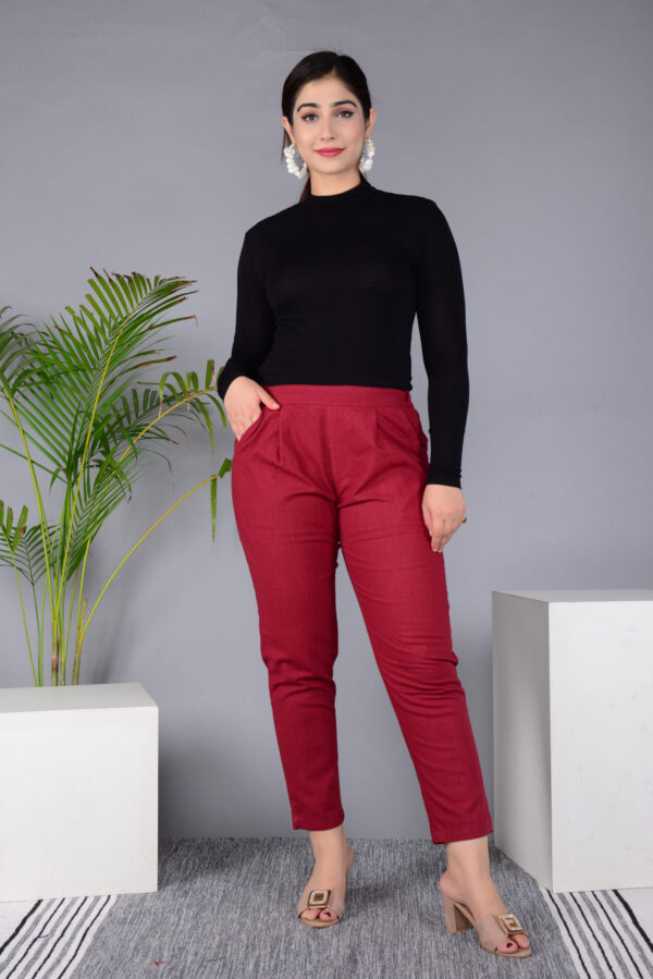 MKAF_901 MAROON PENT-A Ausuda Women Solid Cotton Straight Pants | Comfortable Elastic Waist Casual Daily Wear Trousers (Maroon)