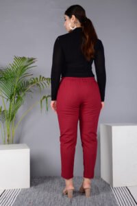 Ausuda Women Solid Cotton Straight Pants | Comfortable Elastic Waist Casual Daily Wear Trousers (Maroon)