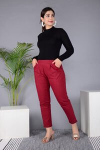 Ausuda Women Solid Cotton Straight Pants | Comfortable Elastic Waist Casual Daily Wear Trousers (Maroon)