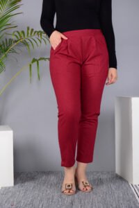 Ausuda Women Solid Cotton Straight Pants | Comfortable Elastic Waist Casual Daily Wear Trousers (Maroon)