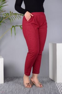 Ausuda Women Solid Cotton Straight Pants | Comfortable Elastic Waist Casual Daily Wear Trousers (Maroon)