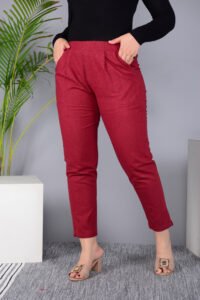 Ausuda Women Solid Cotton Straight Pants | Comfortable Elastic Waist Casual Daily Wear Trousers (Maroon)