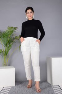 Ausuda Women Solid Cotton Straight Pants | Comfortable Elastic Waist Casual Daily Wear Trousers (Off White)