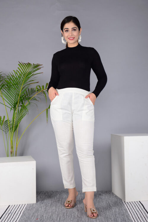MKAF_901 OFF WHITE PENT-A Ausuda Women Solid Cotton Straight Pants | Comfortable Elastic Waist Casual Daily Wear Trousers (Off White)
