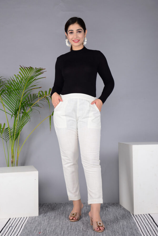 Ausuda Women Solid Cotton Straight Pants | Comfortable Elastic Waist Casual Daily Wear Trousers (Off White)