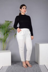 Ausuda Women Solid Cotton Straight Pants | Comfortable Elastic Waist Casual Daily Wear Trousers (Off White)