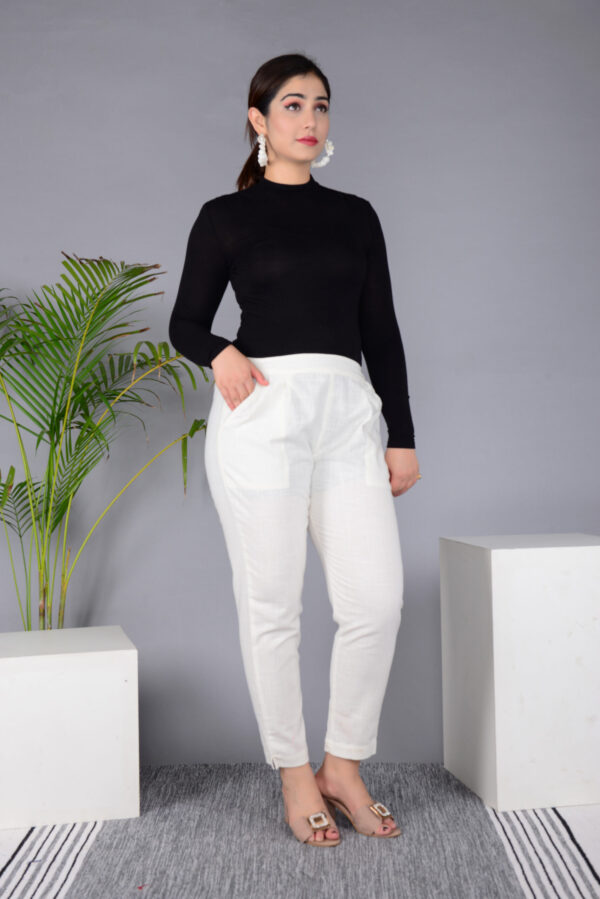 Ausuda Women Solid Cotton Straight Pants | Comfortable Elastic Waist Casual Daily Wear Trousers (Off White)