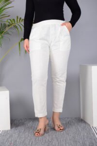 Ausuda Women Solid Cotton Straight Pants | Comfortable Elastic Waist Casual Daily Wear Trousers (Off White)