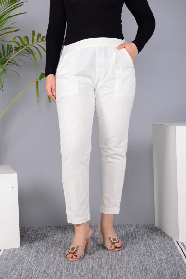 Ausuda Women Solid Cotton Straight Pants | Comfortable Elastic Waist Casual Daily Wear Trousers (Off White)