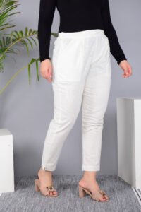Ausuda Women Solid Cotton Straight Pants | Comfortable Elastic Waist Casual Daily Wear Trousers (Off White)