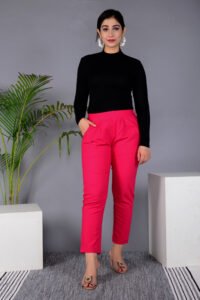 MKAF_901 PINK PENT-A Ausuda Women Solid Cotton Straight Pants | Comfortable Elastic Waist Casual Daily Wear Trousers (Pink)