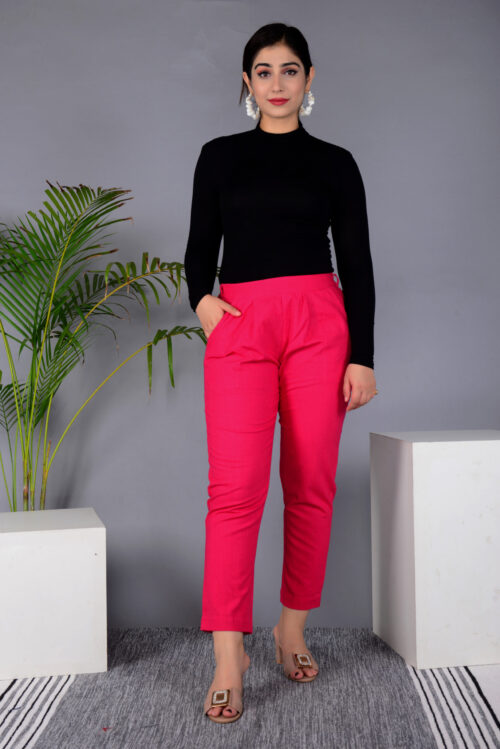 Ausuda Women Solid Cotton Straight Pants | Comfortable Elastic Waist Casual Daily Wear Trousers (Pink)