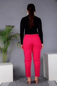 MKAF_901 PINK PENT-B Ausuda Women Solid Cotton Straight Pants | Comfortable Elastic Waist Casual Daily Wear Trousers (Pink)