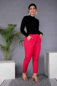MKAF_901 PINK PENT-C Ausuda Women Solid Cotton Straight Pants | Comfortable Elastic Waist Casual Daily Wear Trousers (Pink)