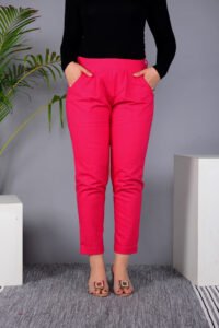 MKAF_901 PINK PENT-F Ausuda Women Solid Cotton Straight Pants | Comfortable Elastic Waist Casual Daily Wear Trousers (Pink)